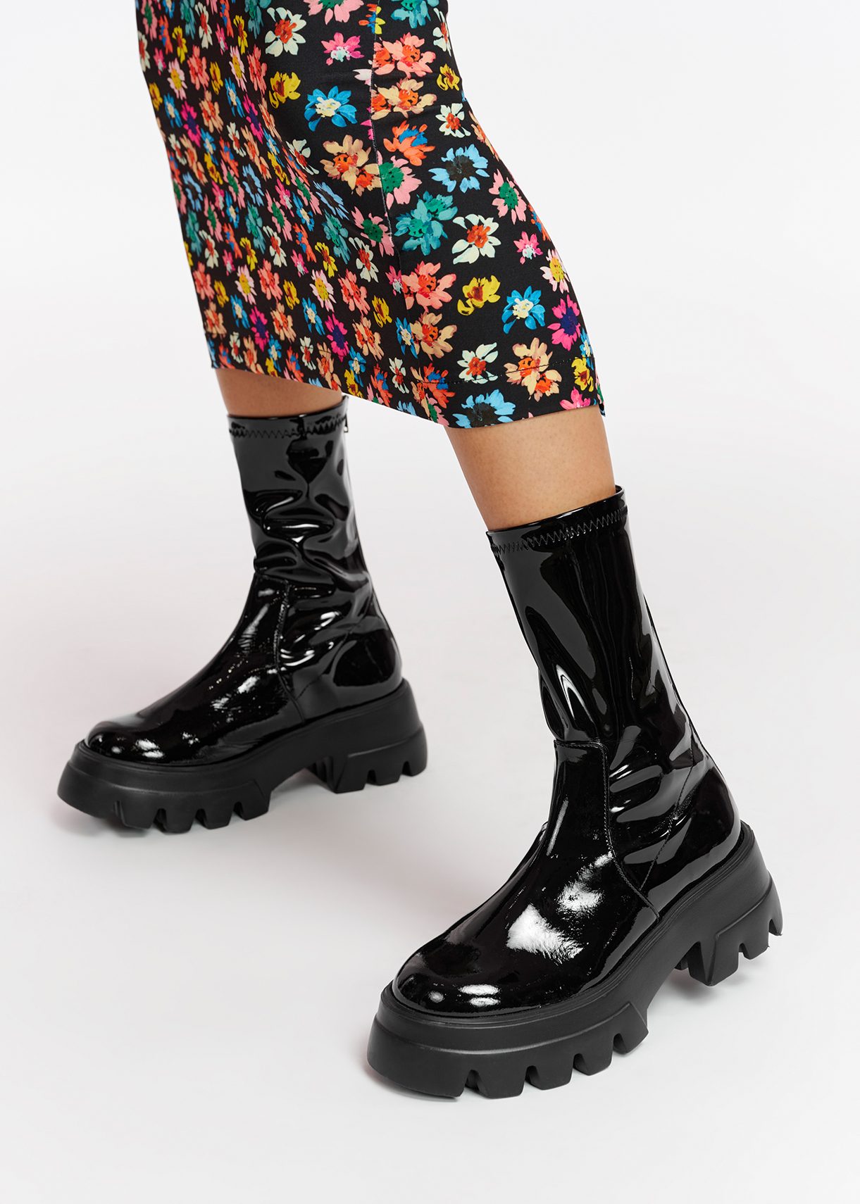 Black faux patent-leather ankle boots