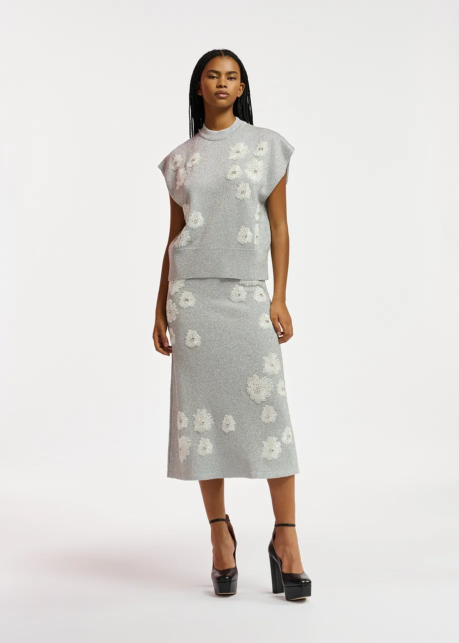 Silver lurex knitted midi skirt with beaded embroideries