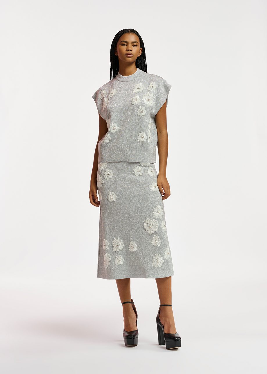 Black ruched stretch-jersey midi skirt with floral print | Essentiel  Antwerp Germany