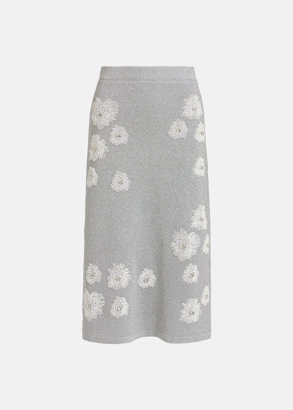 Silver lurex knitted midi skirt with beaded embroideries