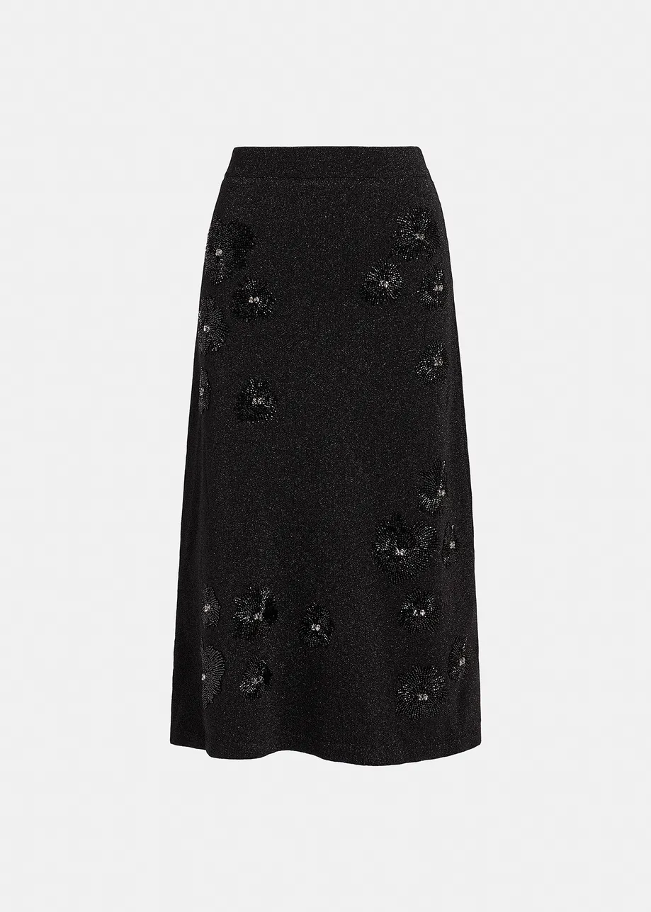 Black lurex knitted midi skirt with beaded embroideries
