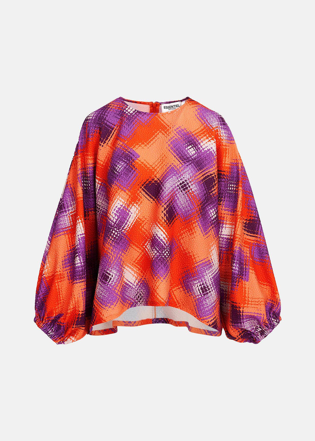 Orange, purple and off-white top with puffed sleeves