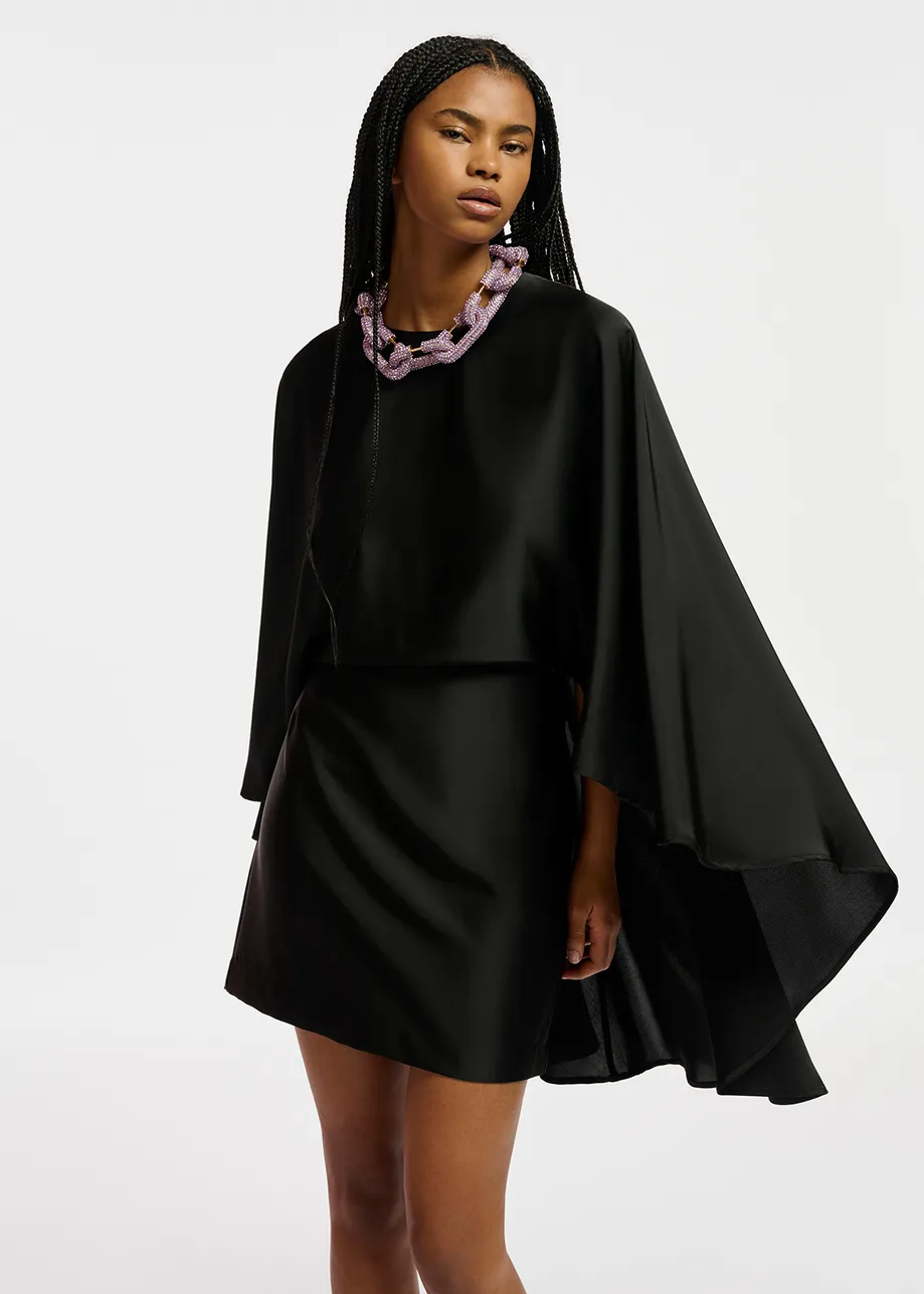 Black cape-effect mini satin dress