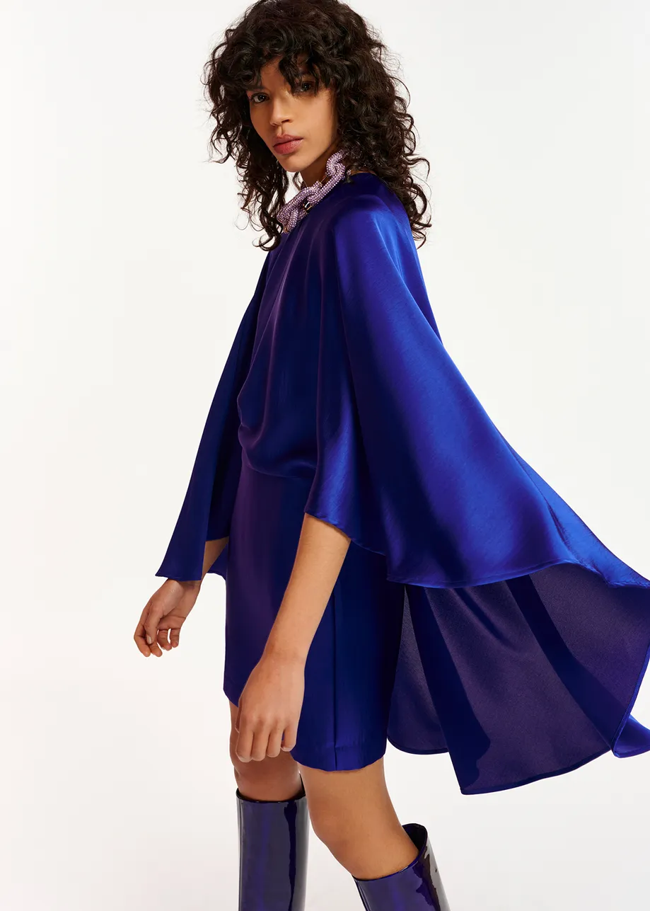 Blue cape-effect mini satin dress