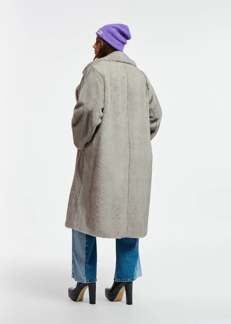 Grey double-breasted faux fur coat | Essentiel Antwerp Belgium