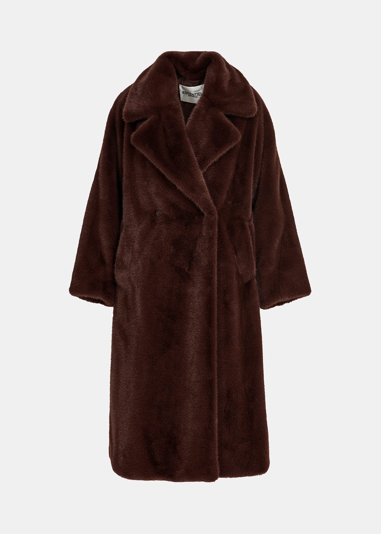 Dark brown double-breasted faux fur coat | Essentiel Antwerp United