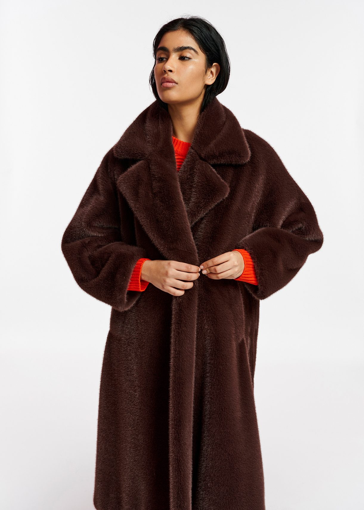 Dark brown double-breasted faux fur coat | Essentiel Antwerp United