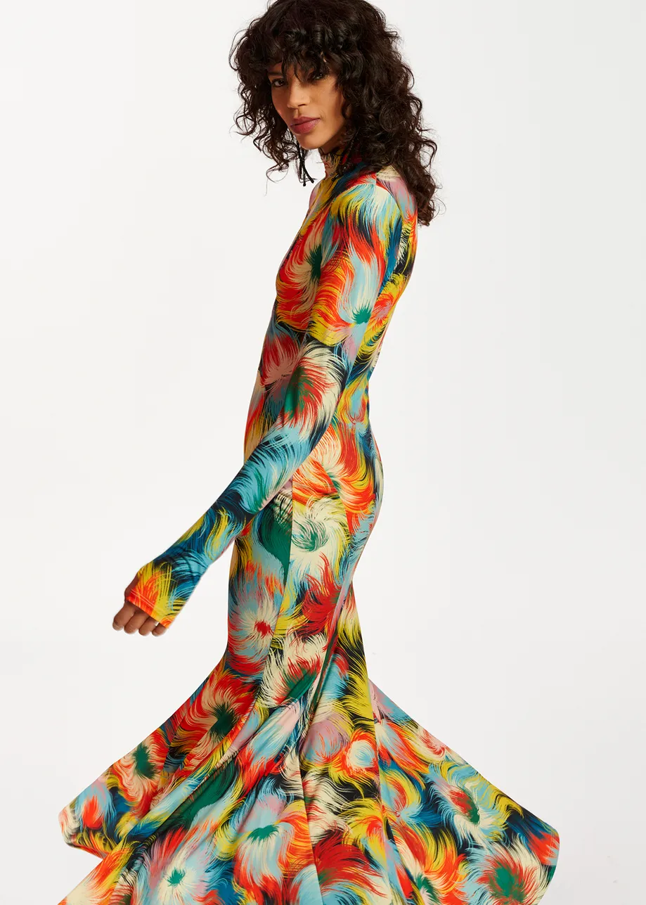 Multicolor stretch-jersey maxi dress with abstract print