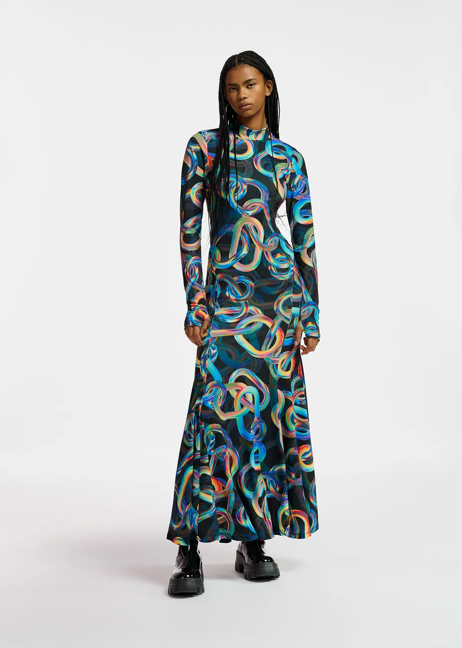 Black stretch-jersey maxi dress with multicolor chain print