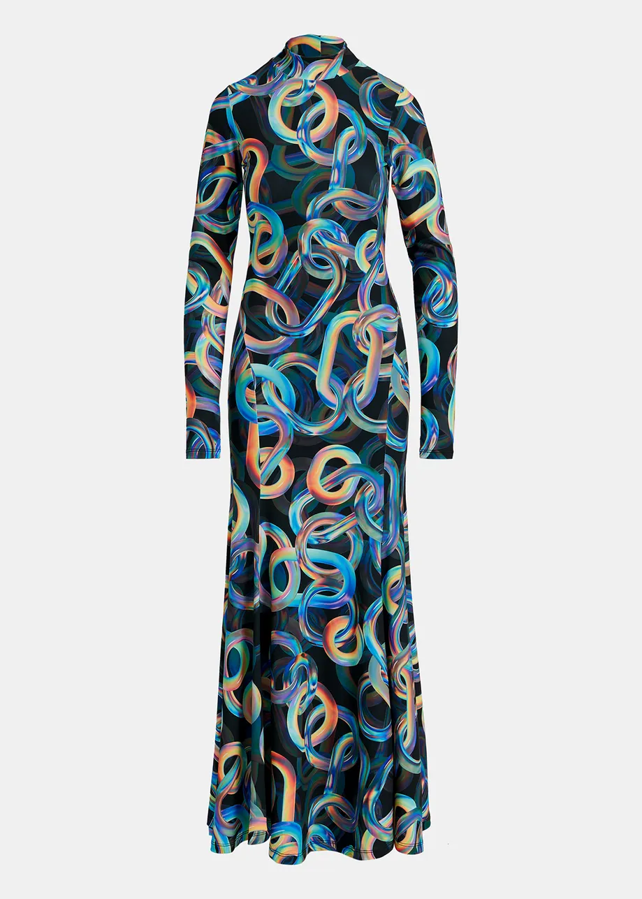 Black stretch-jersey maxi dress with multicolor chain print