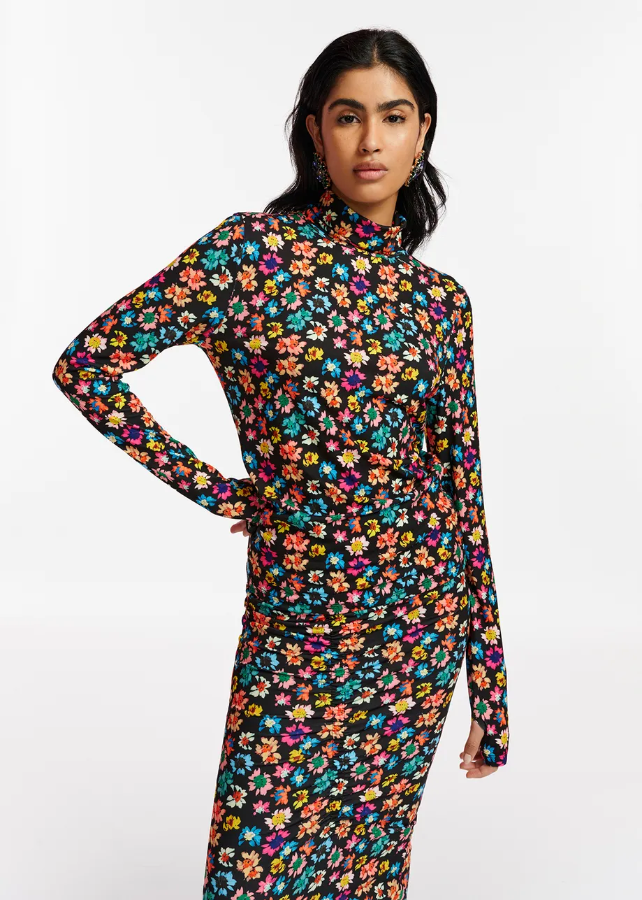 Black turtleneck top with multicolor floral print