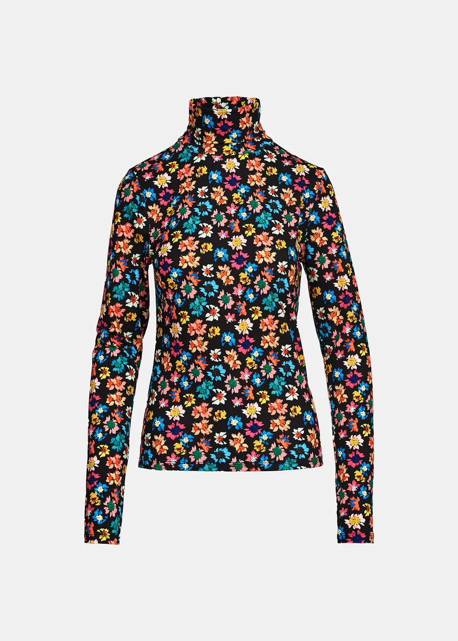 Black turtleneck top with multicolor floral print