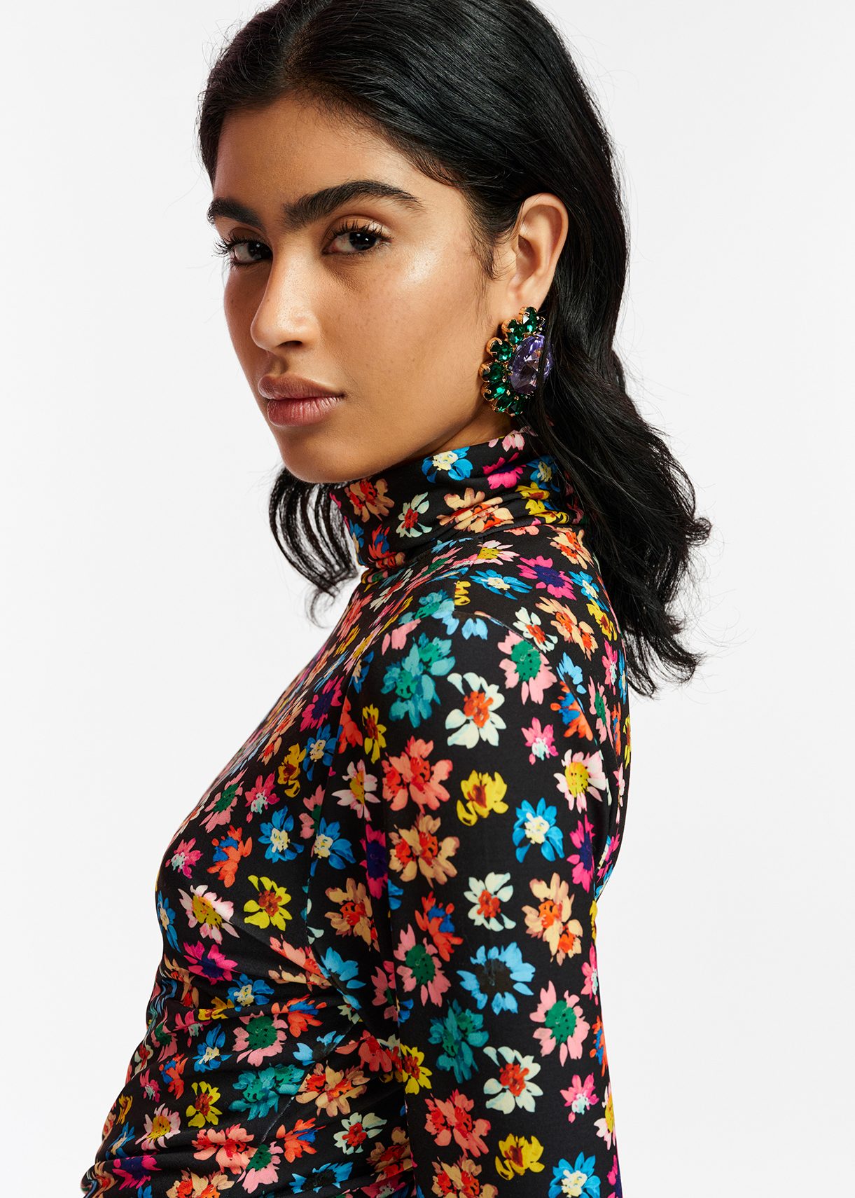 Black turtleneck top with multicolor floral print Essentiel