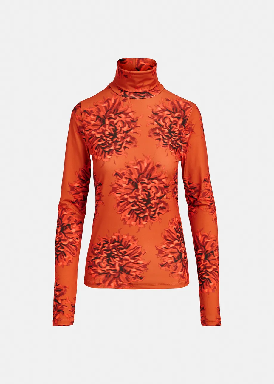 Orange, burgundy and light orange floral-print turtleneck top