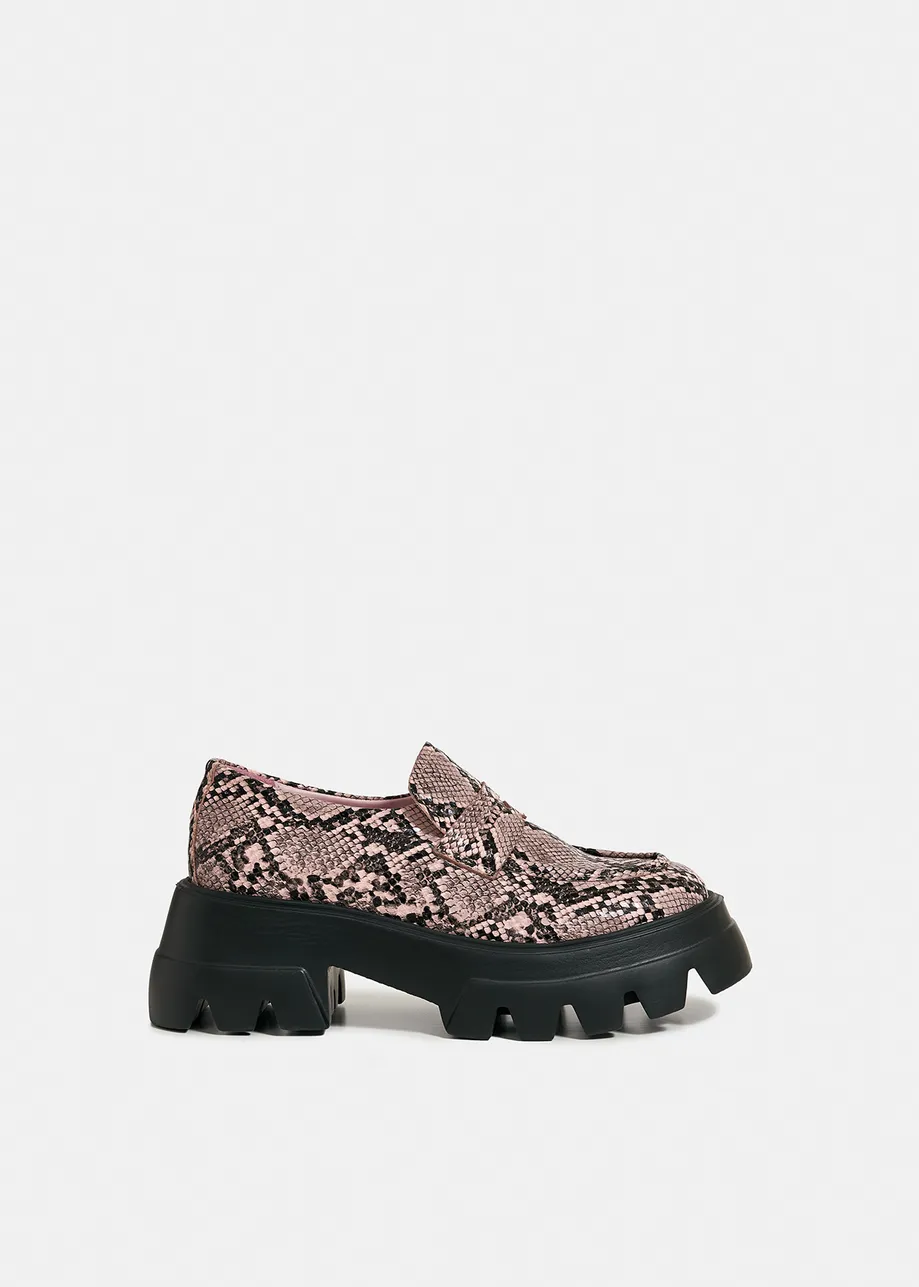 Snake-effect faux leather platform brogues
