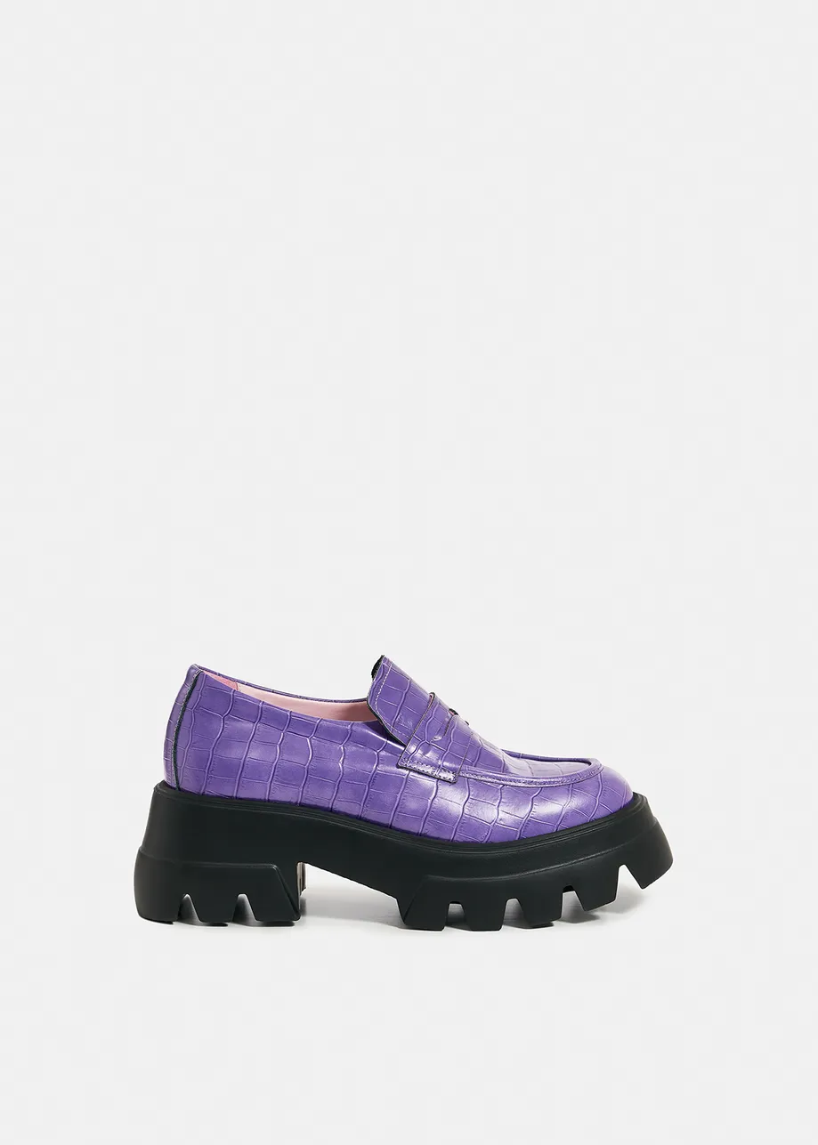 Purple croc-effect leather platform brogues