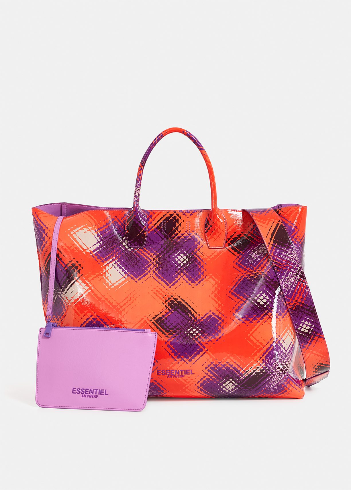 Orange purple and off white faux patent leather shopper bag