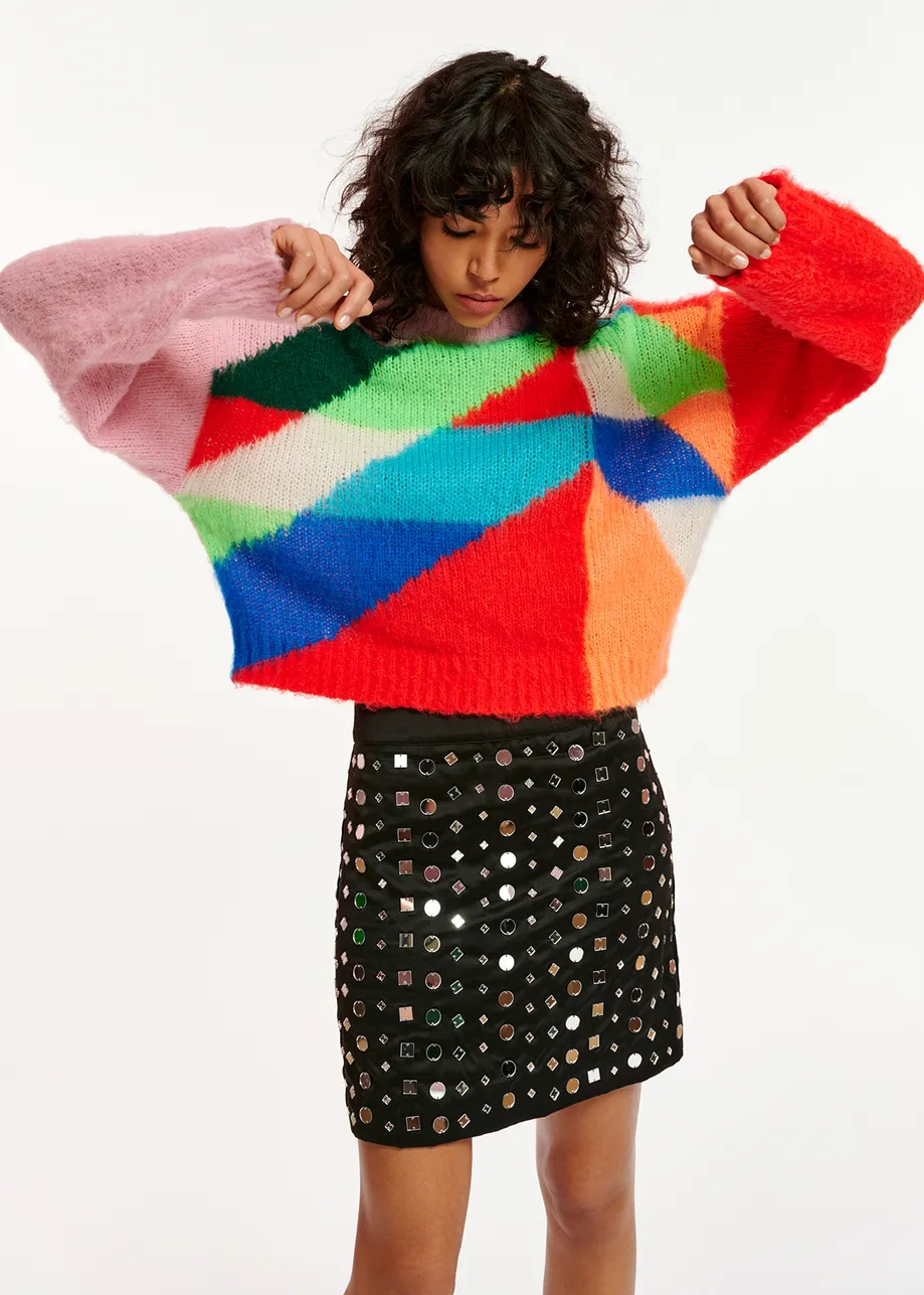 Multicolor geometric intarsia-knitted sweater