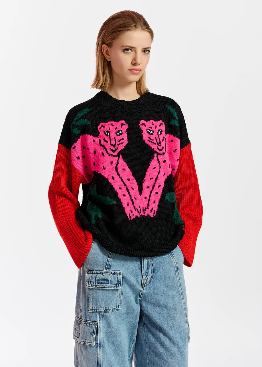 Black, pink and red cheetah intarsia-knit sweater