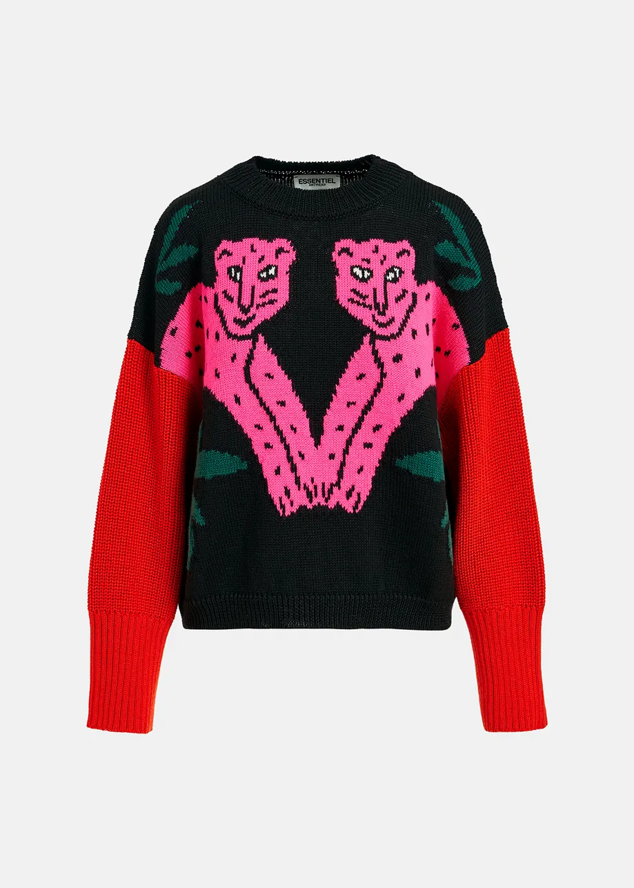 Black, pink and red cheetah intarsia-knit sweater