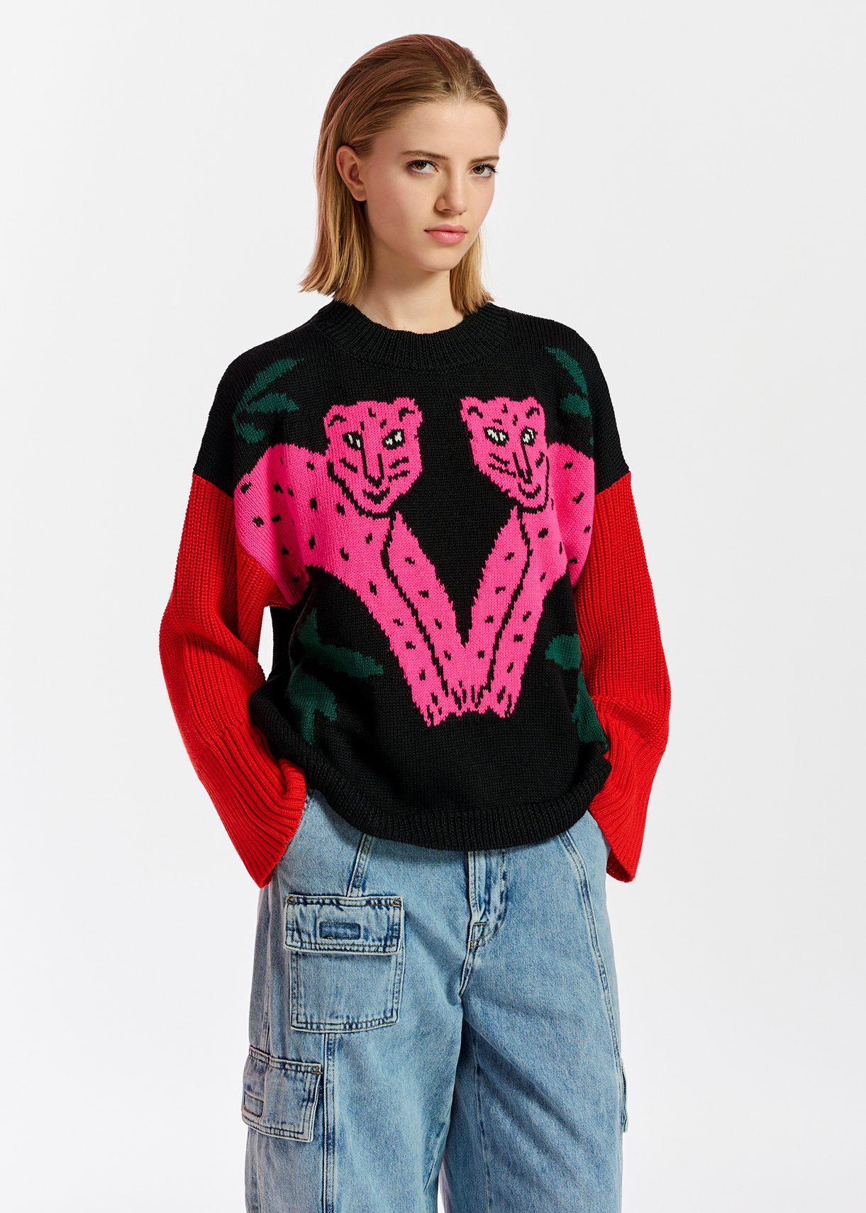 Black, pink and red cheetah intarsia-knit sweater | Essentiel