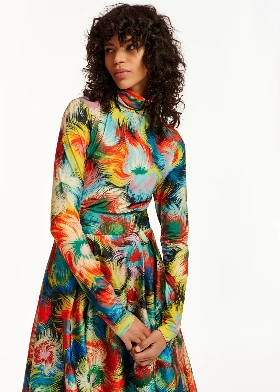 Multicolor abstract-print turtleneck top