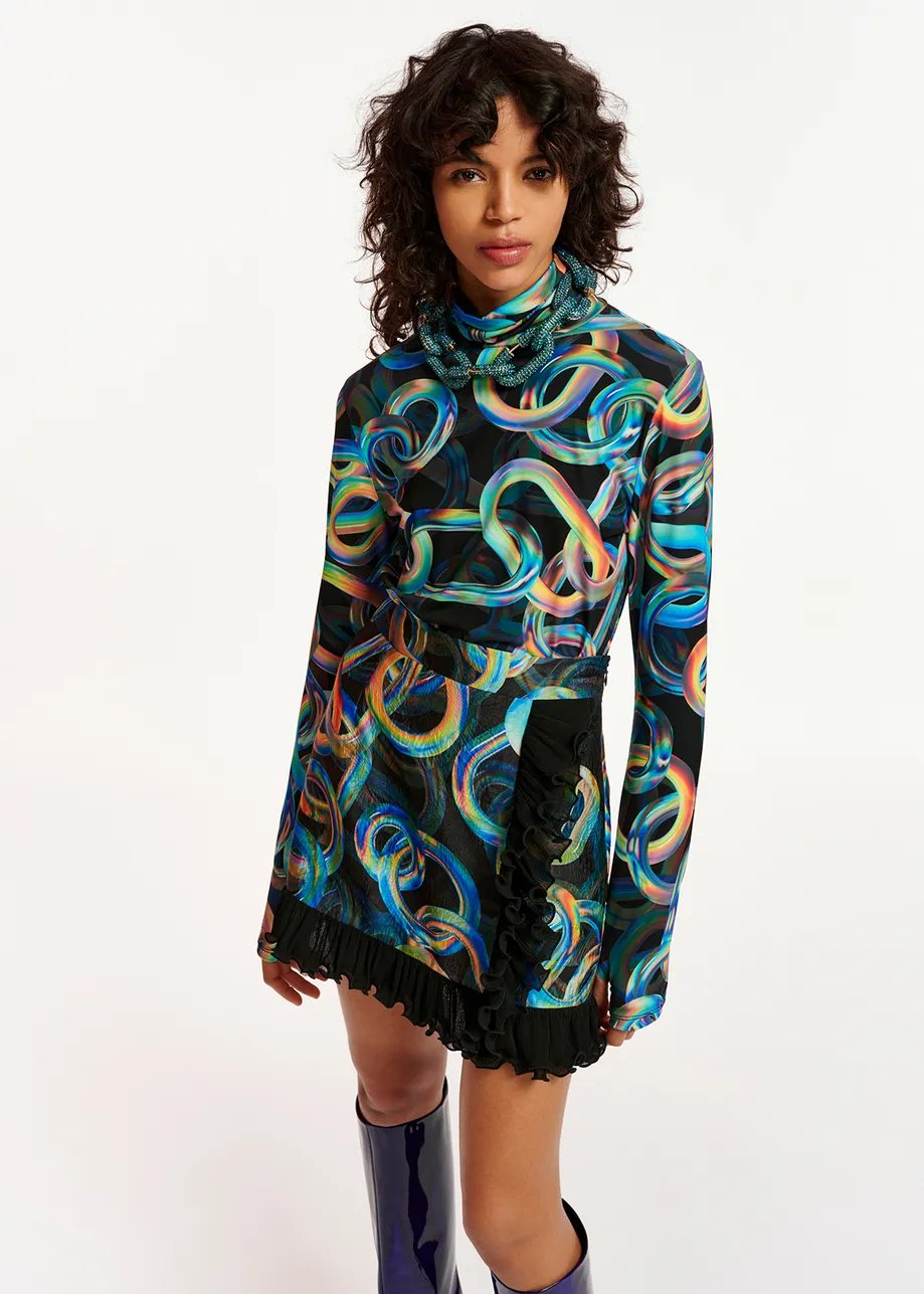 Black abstract-print turtleneck top