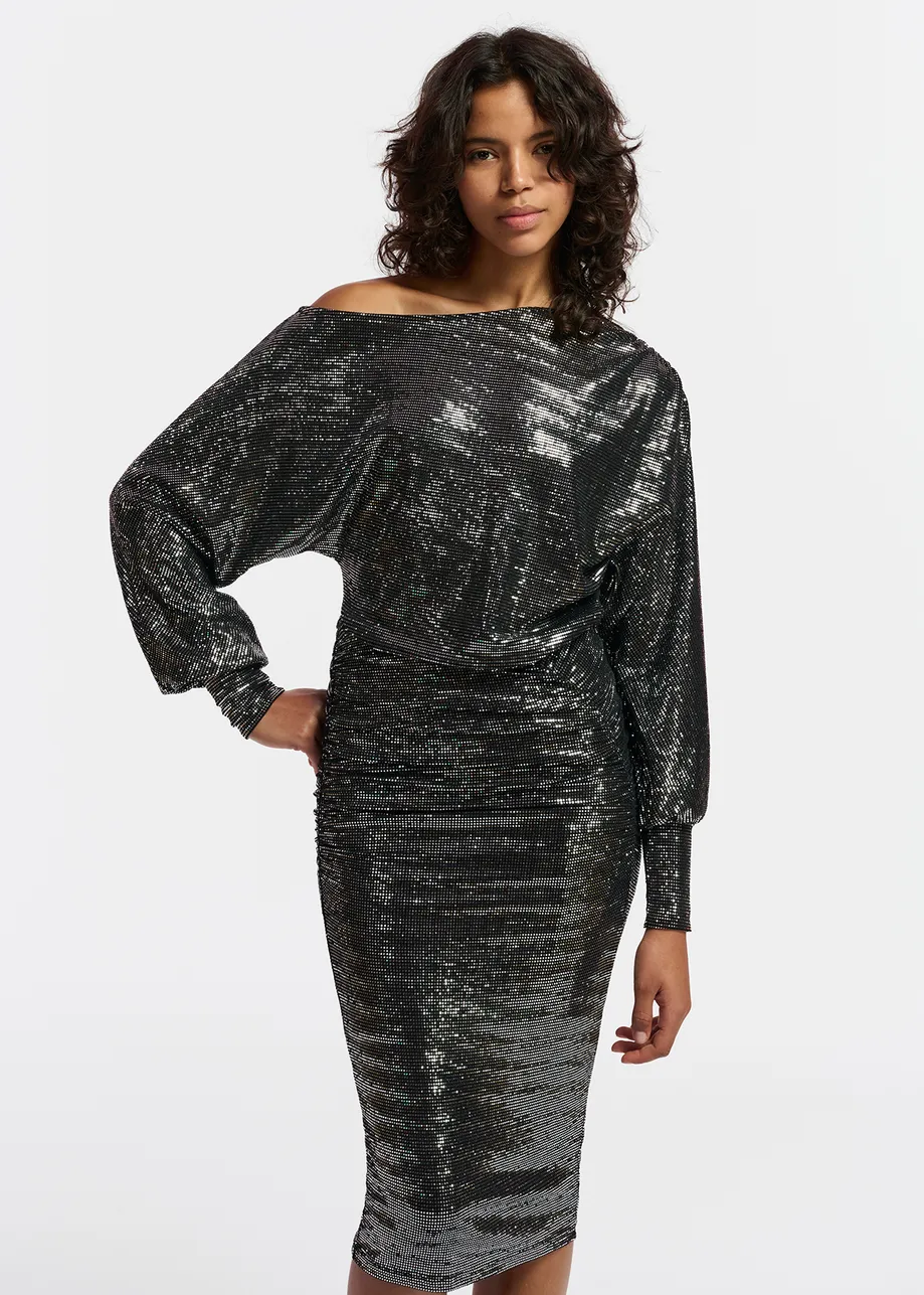 Black and silver stretch-jersey midi-length dress 