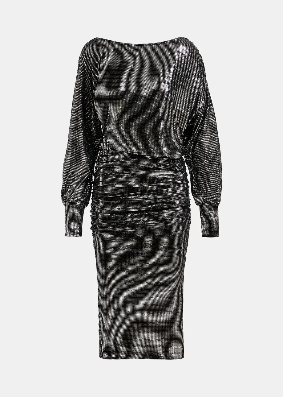 Black and silver stretch-jersey midi-length dress