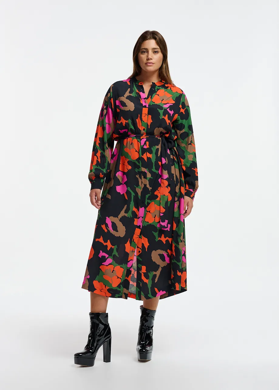 Black, brown and orange abstract print midi-length shirt dress