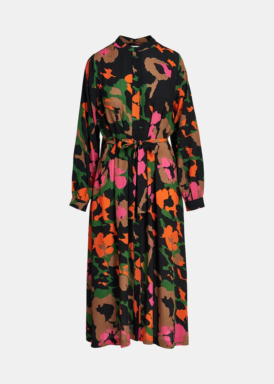 Black, brown and orange abstract print midi-length shirt dress