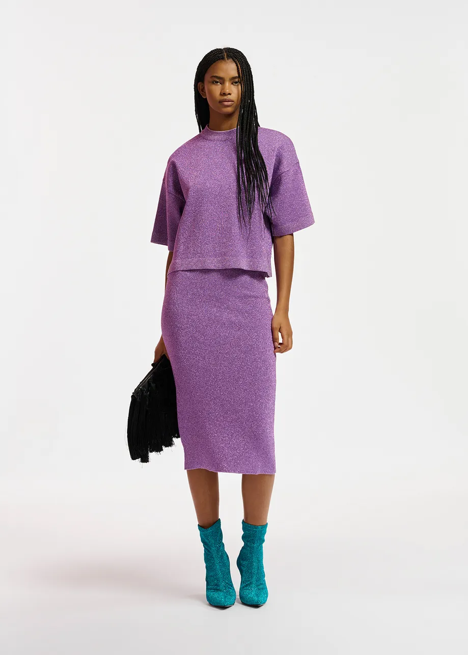 Purple lurex knitted midi skirt