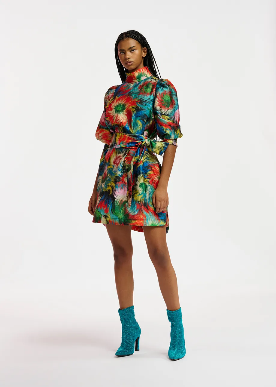 Multicolor jacquard belted mini dress