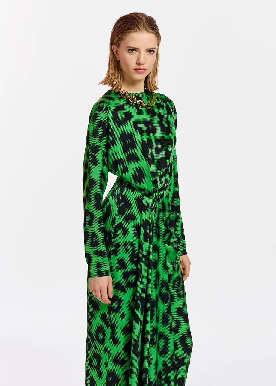 Green draped midi-length dress with leopard print