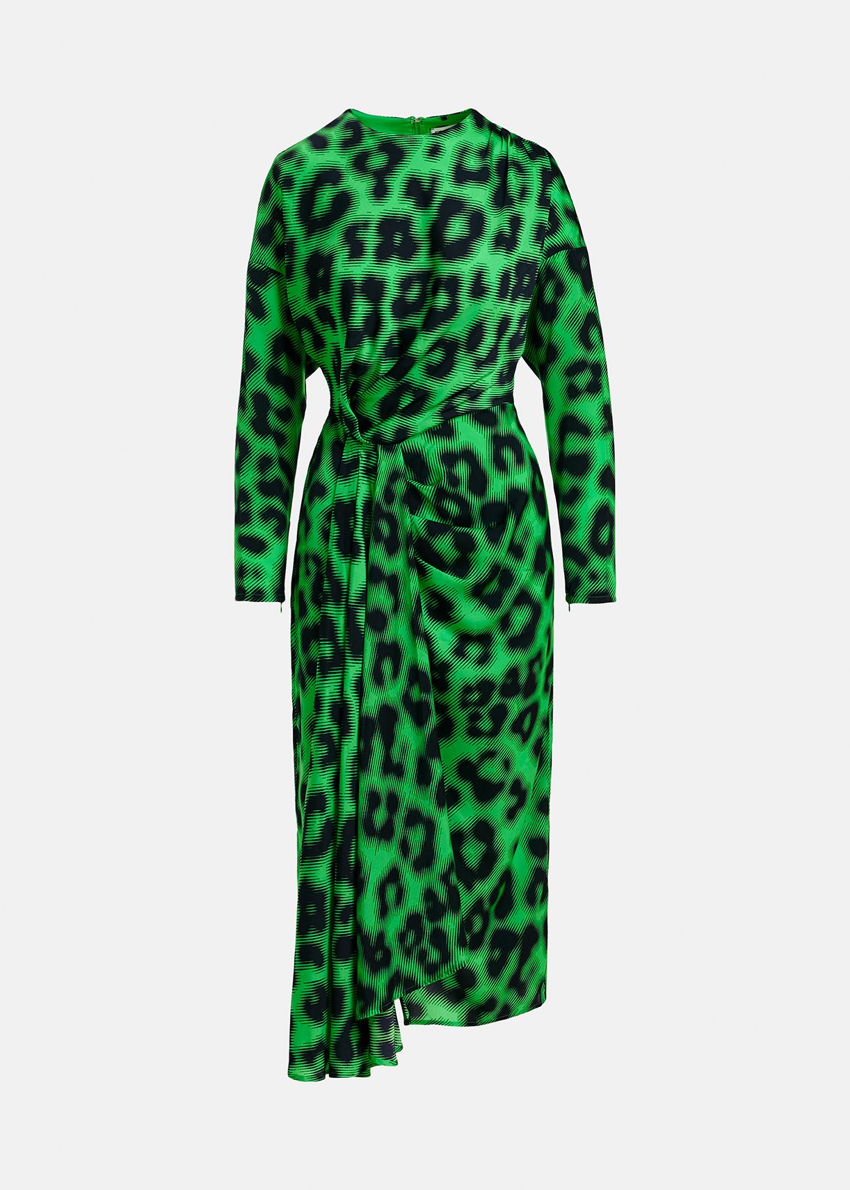 Green draped midi-length dress with leopard print