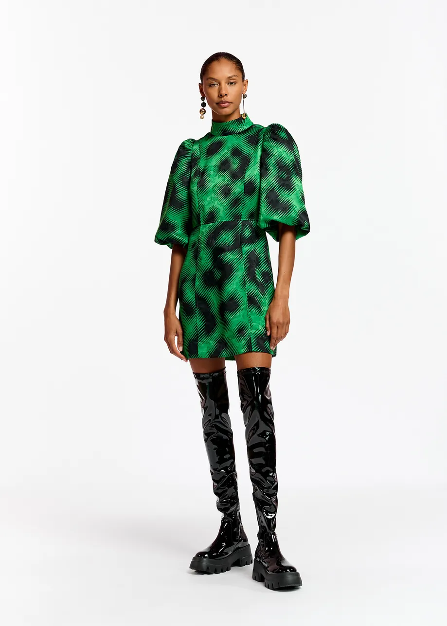 Green jacquard mini dress with leopard print