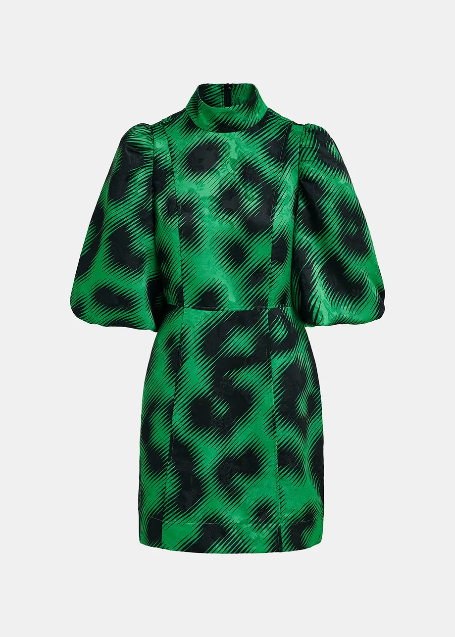 Green jacquard mini dress with leopard print