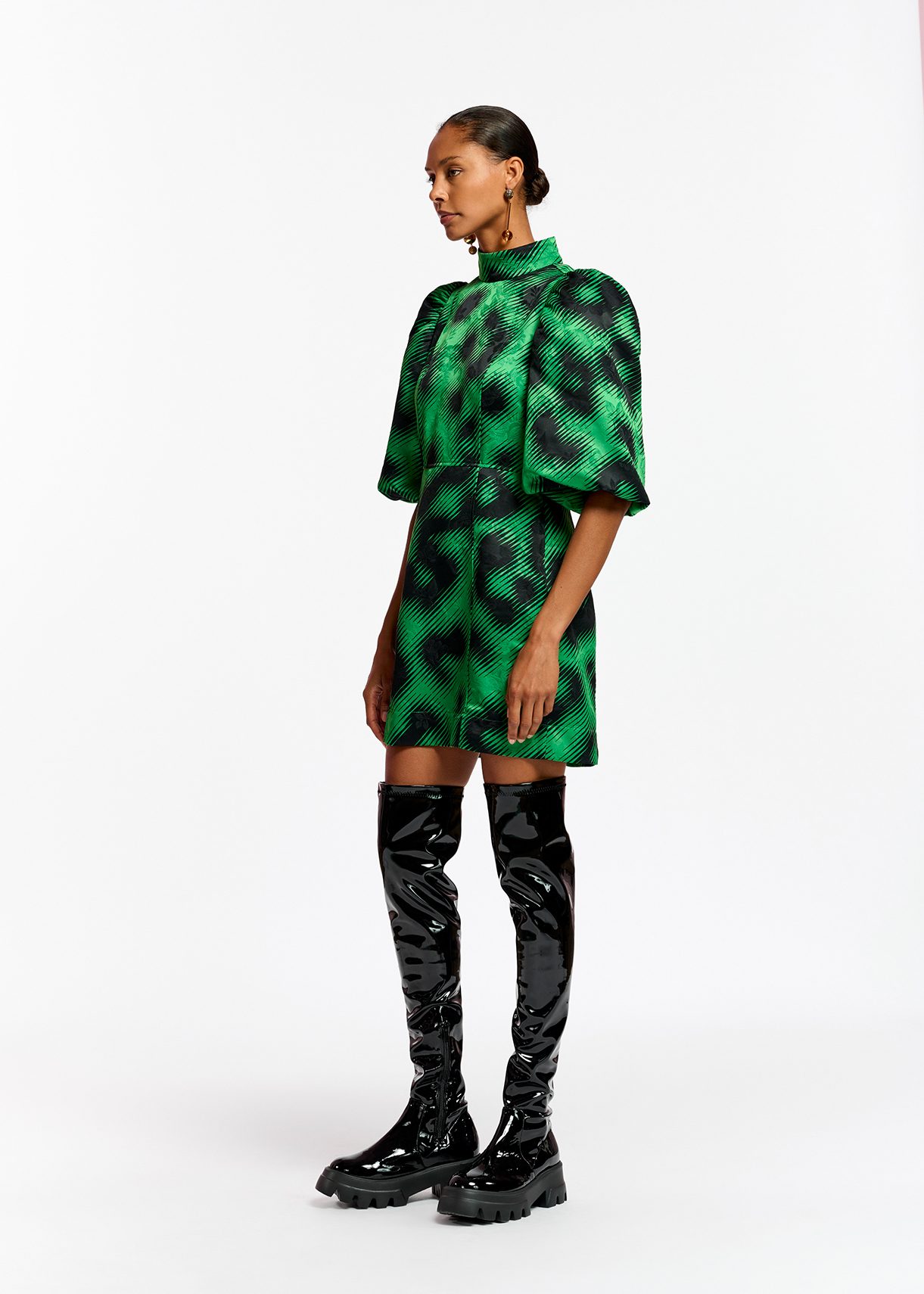 Green jacquard mini dress with leopard print | Essentiel Antwerp