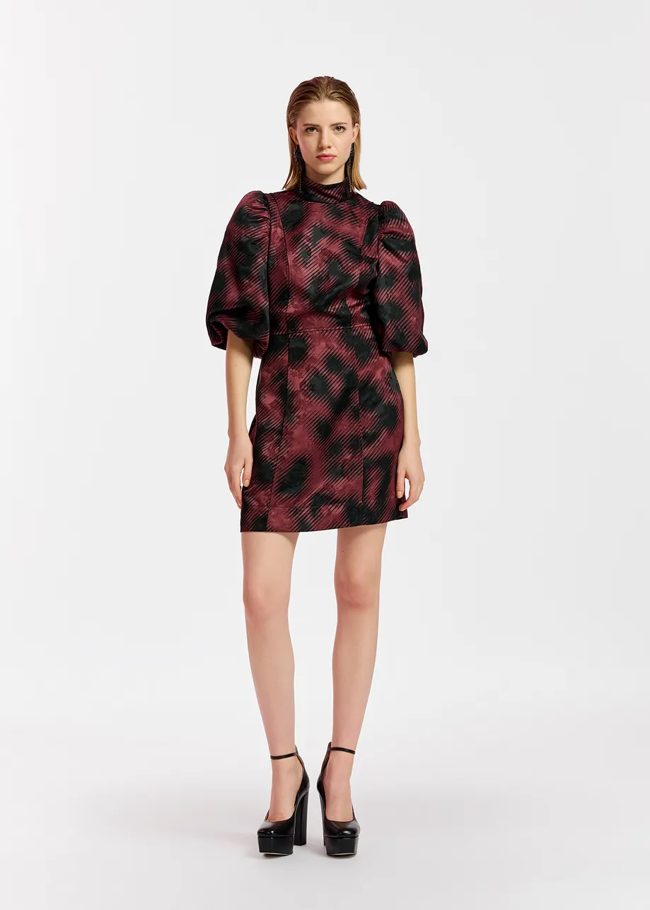 Maroon jacquard mini dress with leopard print