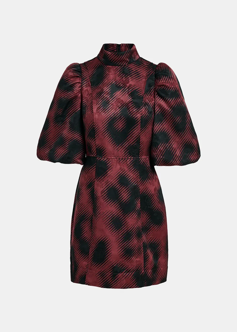 Maroon jacquard mini dress with leopard print