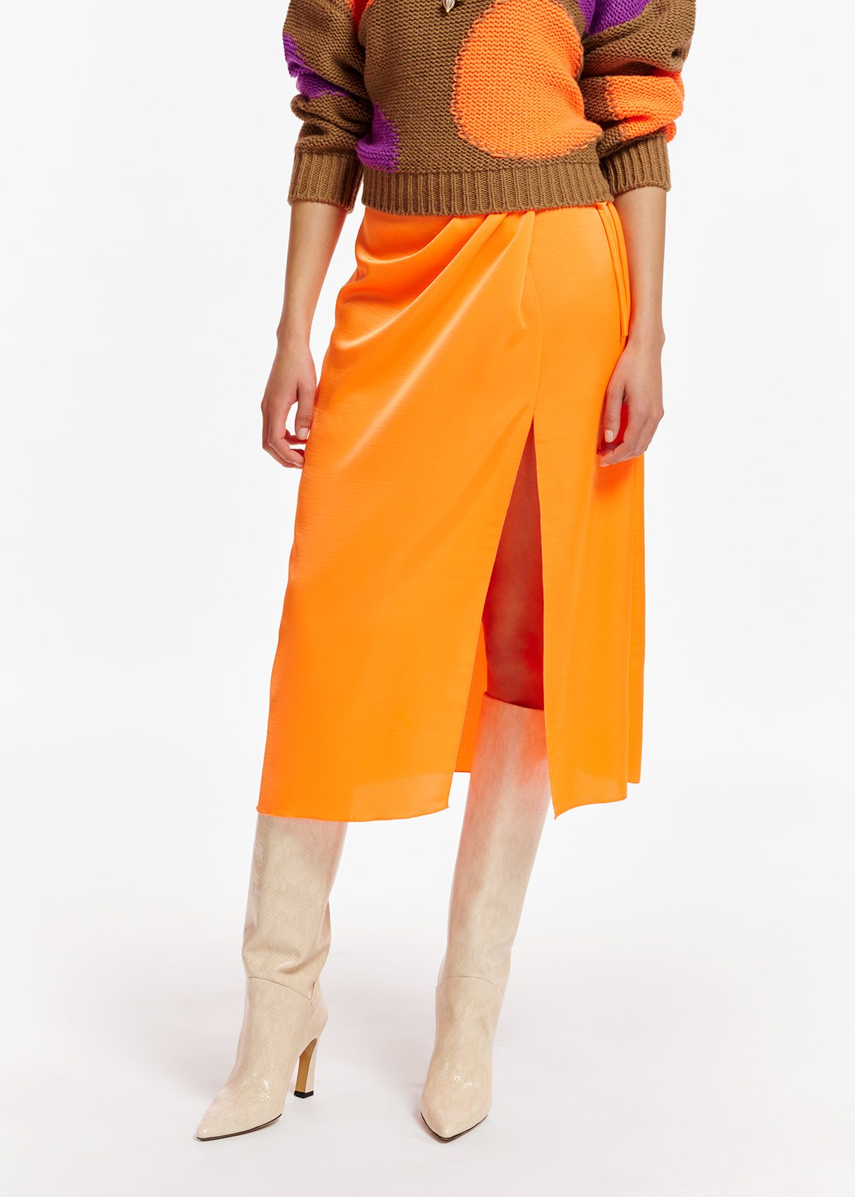 Mango satin wrap front midi skirt in clearance camel