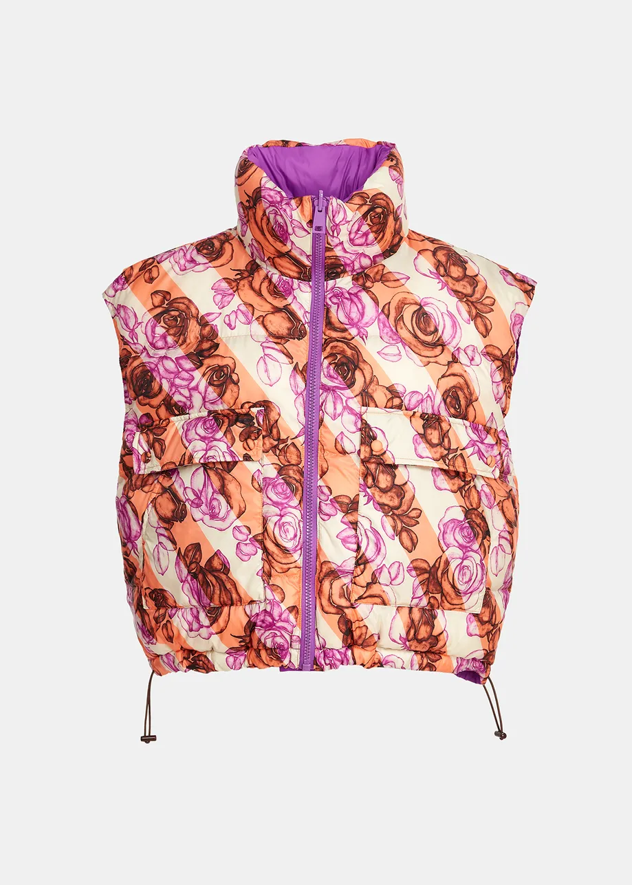 Purple and multicolor printed reversible puffer vest