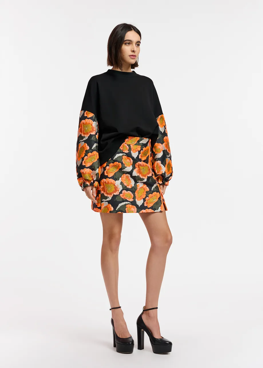 Black, orange and silver floral-jacquard mini skirt