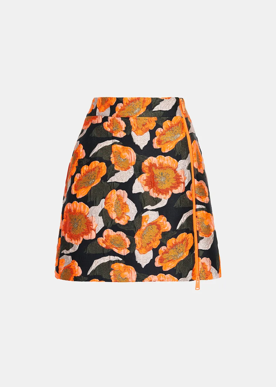 Black, orange and silver floral-jacquard mini skirt