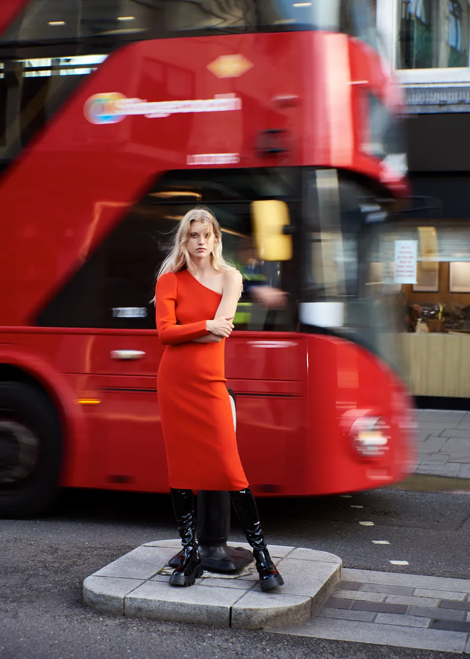 Red one-shoulder stretchy-jersey midi dress