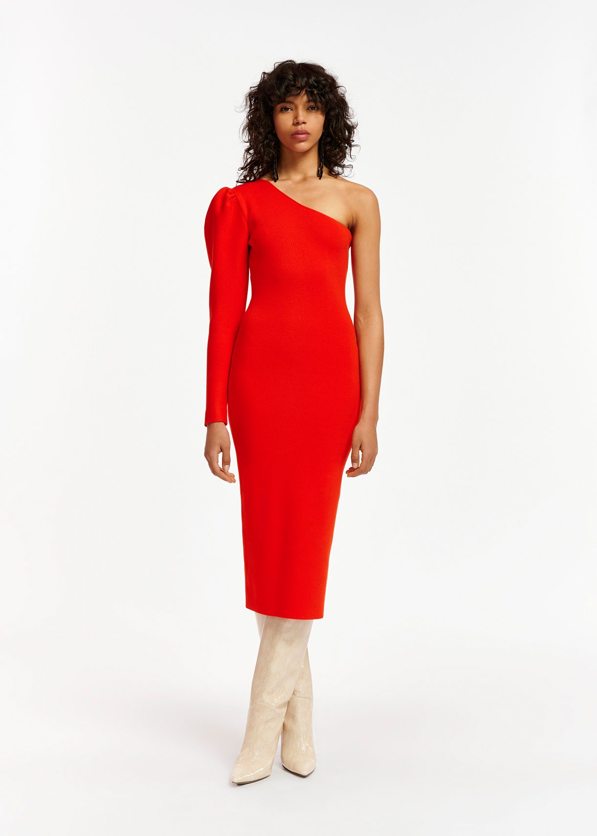 Red one discount shoulder midi dress