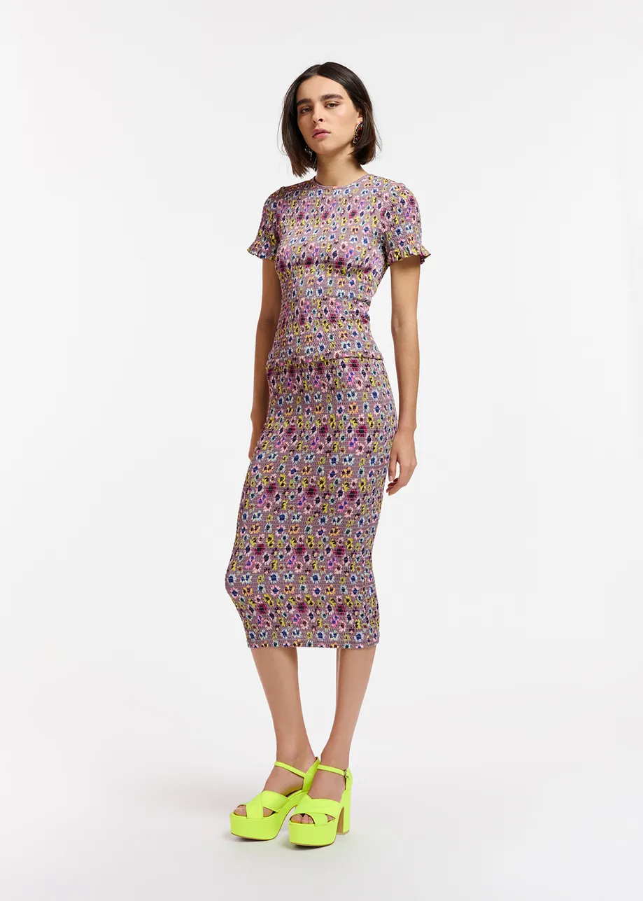 Mauve gesmokte midirok met bloemenprint