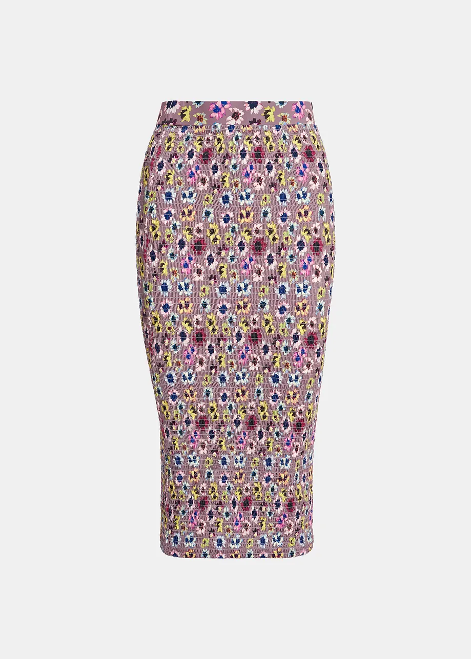 Jupe midi mauve à smocks imprimé fleuri