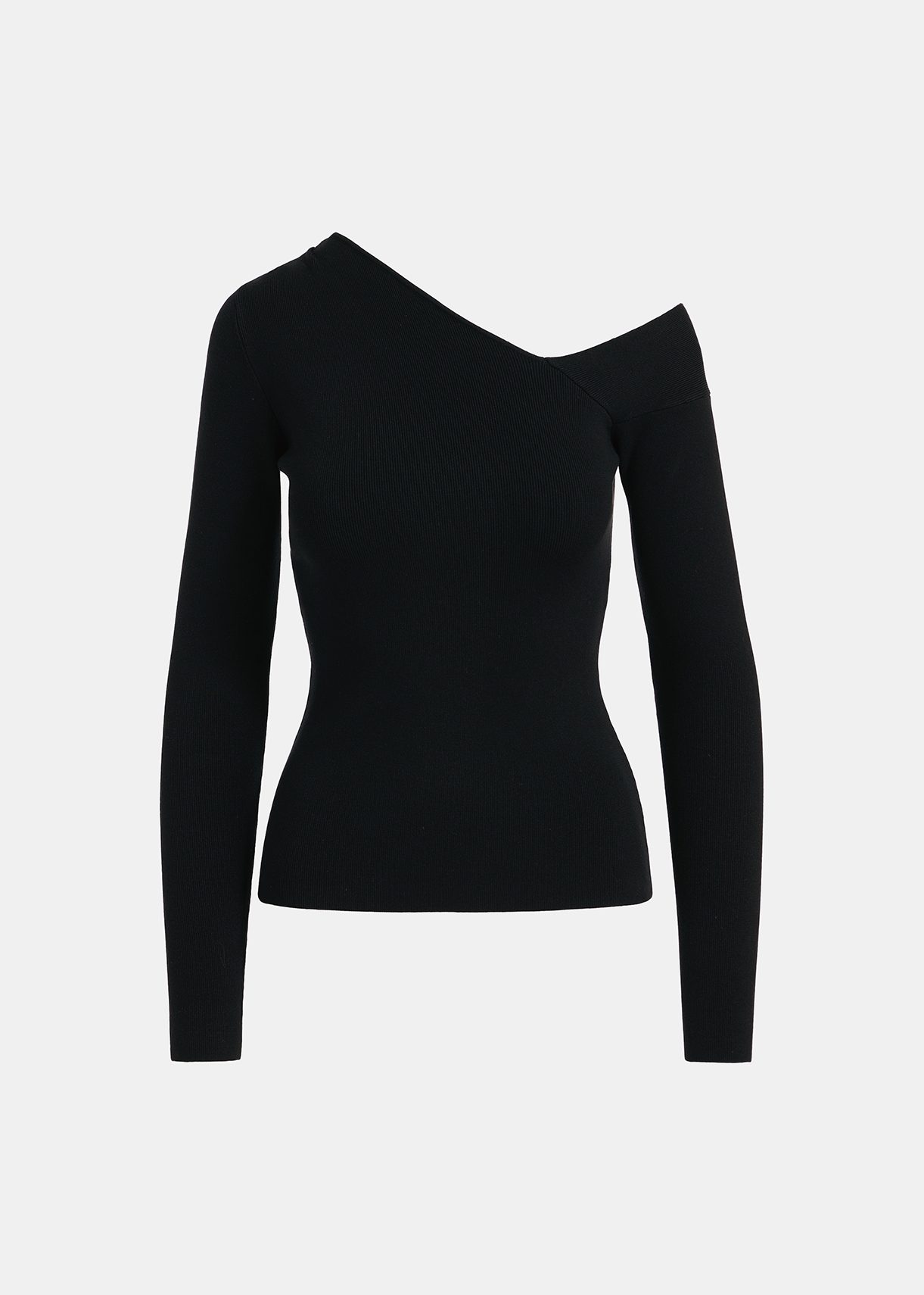 Black rib-knitted sweater with asymmetric neckline