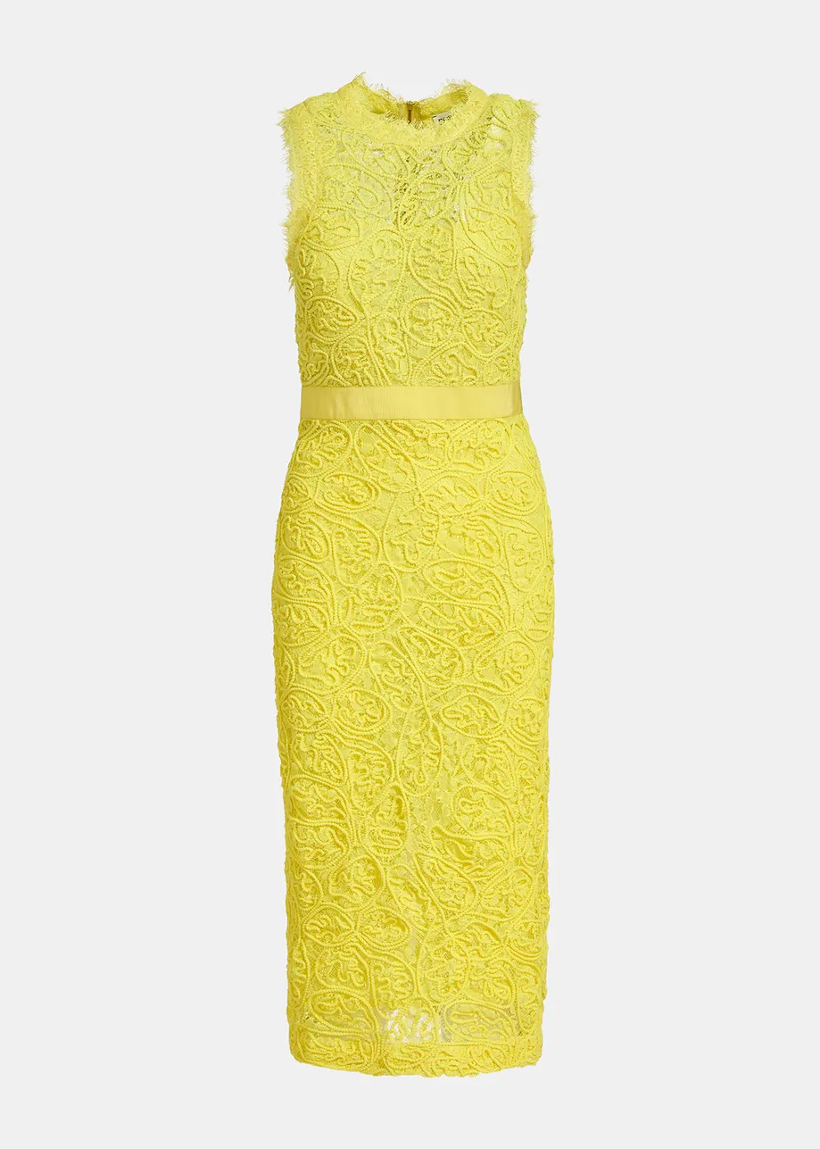 Gelbes Midikleid mit Spitze und Stickerei